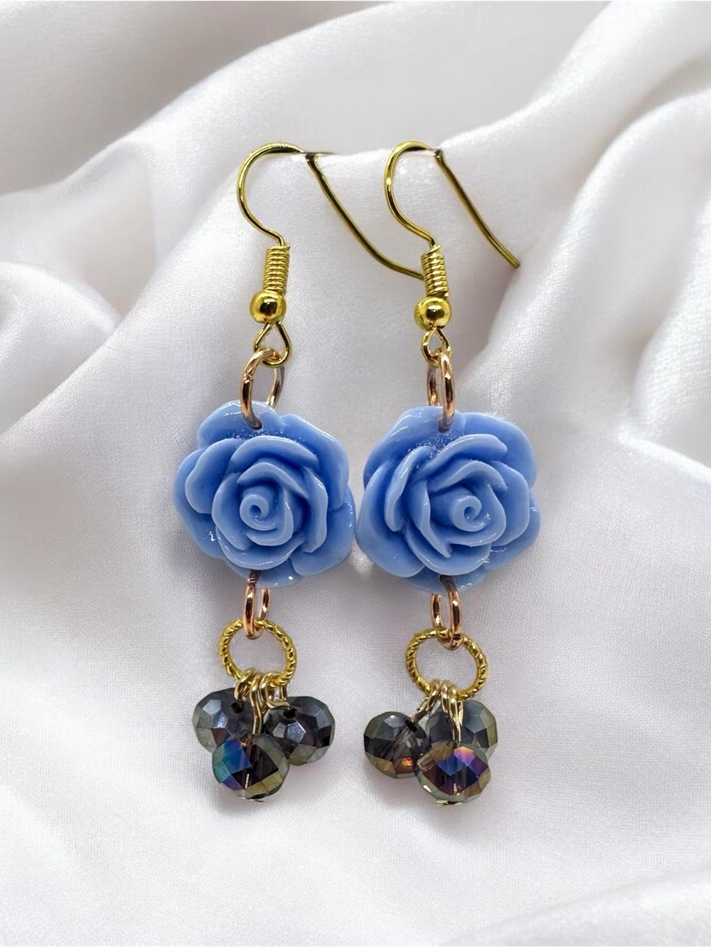 Blue Rose Flower Earrings with Crystal Beads, Gold-Tone Handmade Jewelry